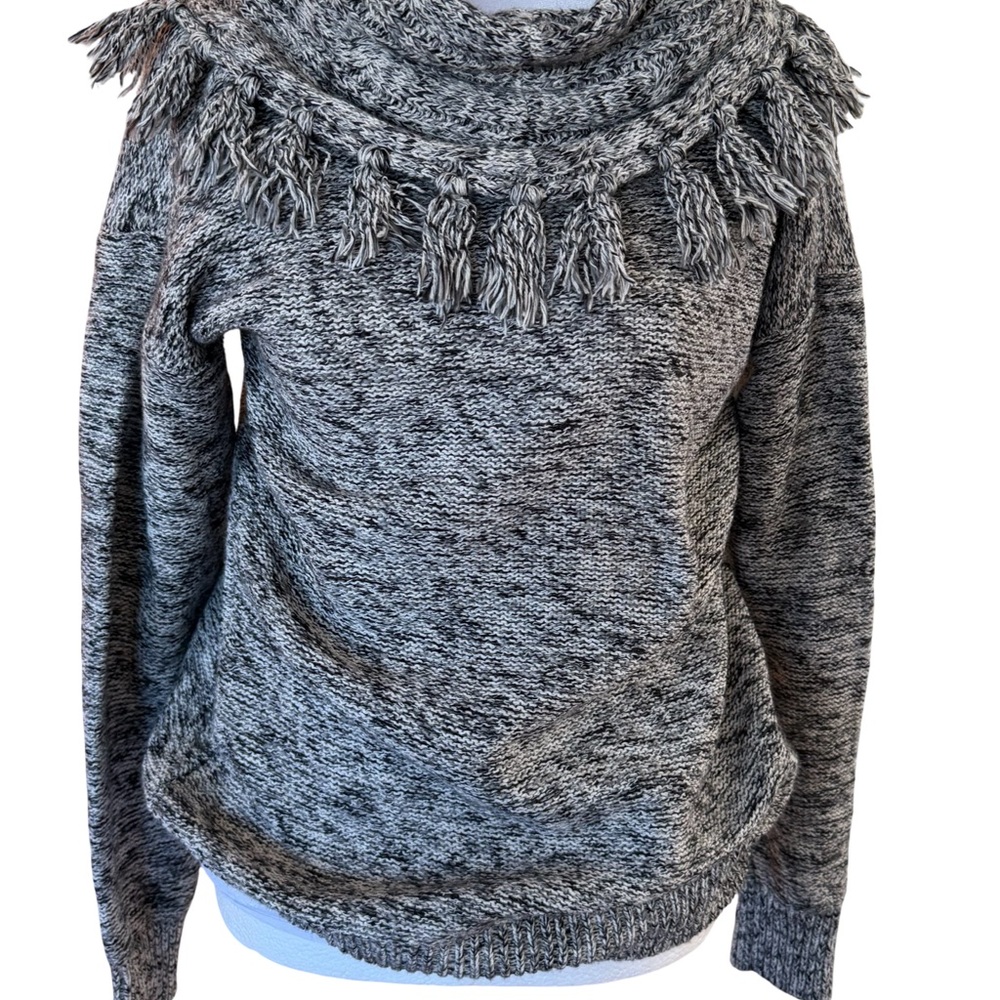 Spence Knits Women’s Cozy Gray/Black/Cream Tassel Cowl Neck Sweater Size M - Picture 2 of 5